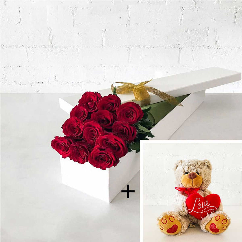 Red Roses Long Gift Box- 12 Long Stems + Teddy Bear - Amazing Graze Flowers